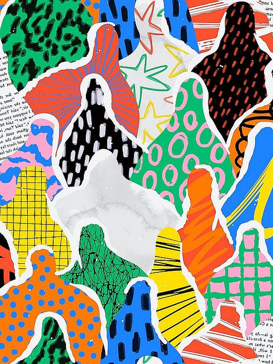 buntes Papier, in Formen geschnitten und das Bild füllend gelegt
