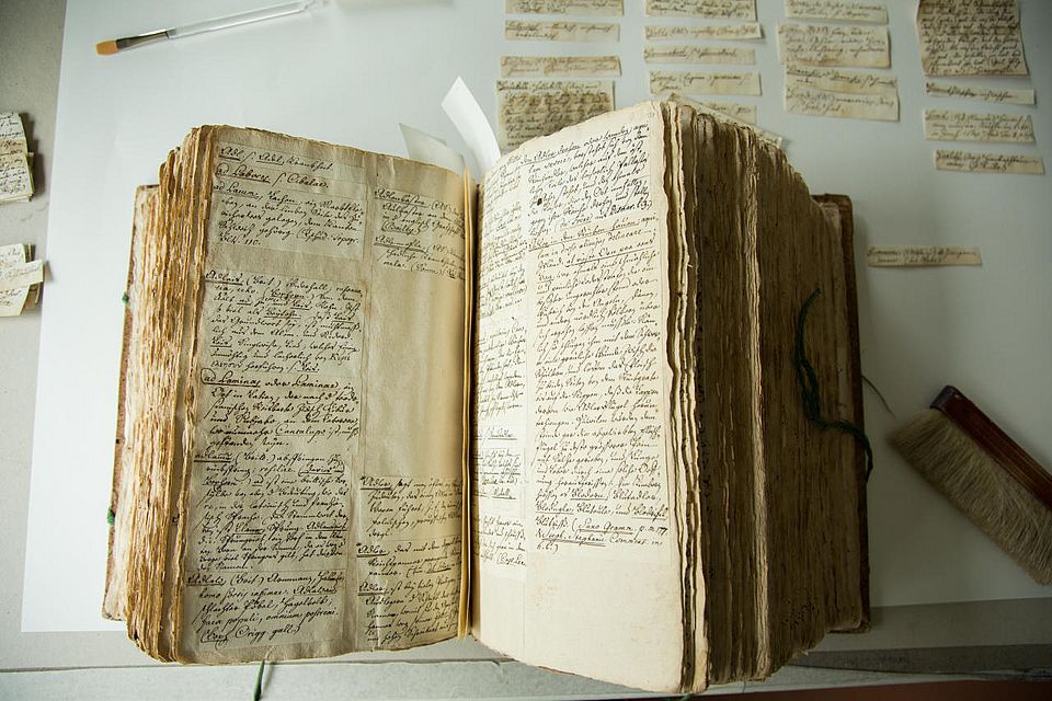 In den 20 Bänden des «Deutschen Glossar» von Johann Jakob Spreng sind Abertausende Zettel zweispaltig eingeklebt.